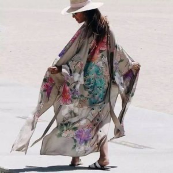 SOLD OUT Gypsy Bohemian Tan Floral Peacock Open Kimono Robe - Picture 2 of 12
